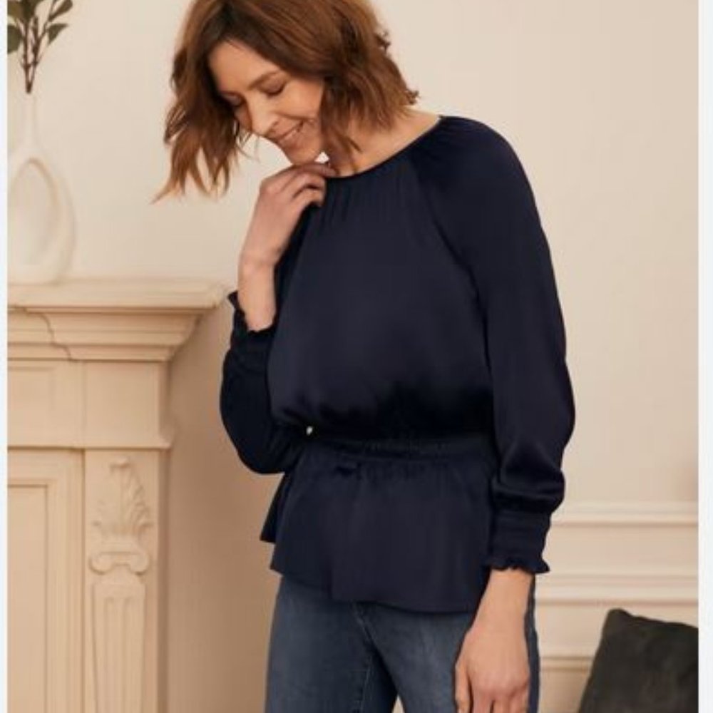LAURA (petites):  Smocked Waist Peplum Blouse - navy